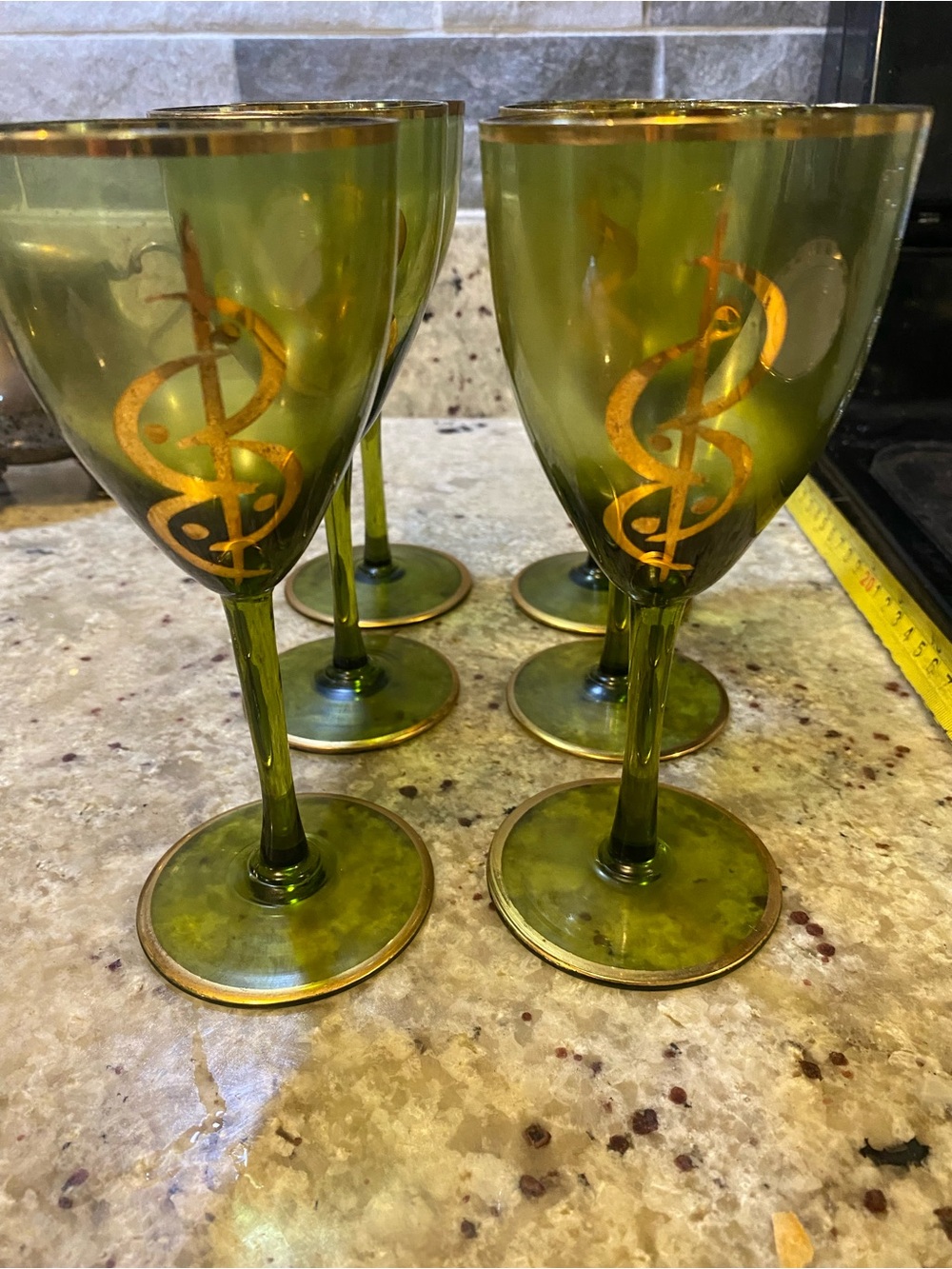 Olive Green Glass Wine Goblets with Gold Treble Clef Design - Set of 6